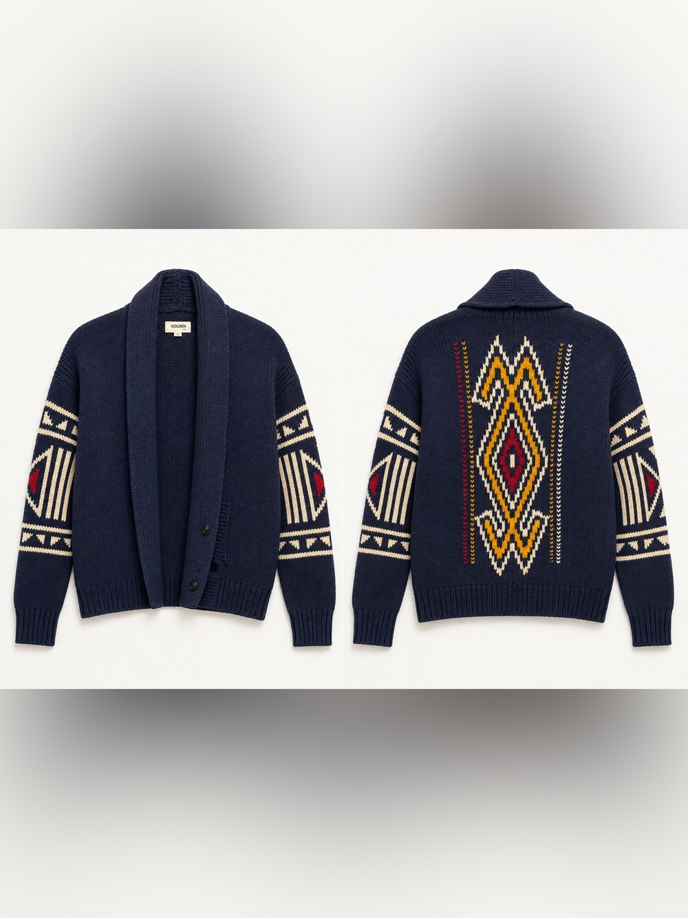 Golden by TNA Shawl-Collar Navy Aztec-Pattern Knit Sweater